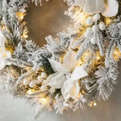 Glitzhome® 24" Pre-Lit Snow Flocked Greenery Pine Poinsettia Christmas Wreath 14 Glitzhome® 24" Pre-Lit Snow Flocked Greenery Pine Poinsettia Christmas Wreath -Northlight Sale Store D652255S 5