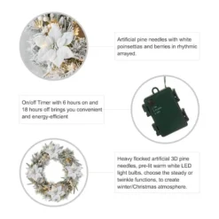 Glitzhome® 24" Pre-Lit Snow Flocked Greenery Pine Poinsettia Christmas Wreath 15 Glitzhome® 24" Pre-Lit Snow Flocked Greenery Pine Poinsettia Christmas Wreath -Northlight Sale Store D652255S 6