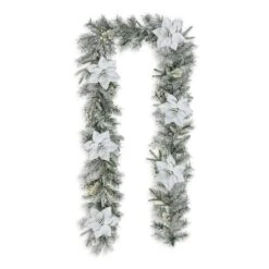 Glitzhome® 9ft. Pre-Lit Snow Flocked Greenery Pine Poinsettia Christmas Garland -Northlight Sale Store D652256S 6