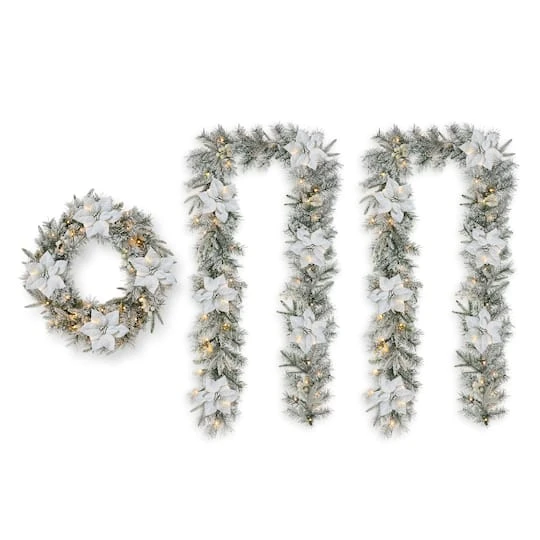 Glitzhome® 24" Pre-Lit Snow Flocked Greenery Pine Poinsettia Christmas Wreath & Matched 2 Pack 9ft. Garland Set 1 Glitzhome® 24" Pre-Lit Snow Flocked Greenery Pine Poinsettia Christmas Wreath & Matched 2 Pack 9ft. Garland Set