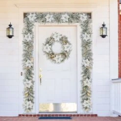 Glitzhome® 24" Pre-Lit Snow Flocked Greenery Pine Poinsettia Christmas Wreath & Matched 2 Pack 9ft. Garland Set 11 Glitzhome® 24" Pre-Lit Snow Flocked Greenery Pine Poinsettia Christmas Wreath & Matched 2 Pack 9ft. Garland Set -Northlight Sale Store D652258S 2