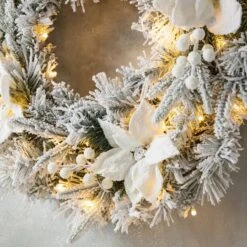 Glitzhome® 24" Pre-Lit Snow Flocked Greenery Pine Poinsettia Christmas Wreath & Matched 2 Pack 9ft. Garland Set 13 Glitzhome® 24" Pre-Lit Snow Flocked Greenery Pine Poinsettia Christmas Wreath & Matched 2 Pack 9ft. Garland Set -Northlight Sale Store D652258S 4