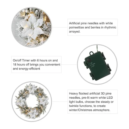 Glitzhome® 24" Pre-Lit Snow Flocked Greenery Pine Poinsettia Christmas Wreath & Matched 2 Pack 9ft. Garland Set 8 Glitzhome® 24" Pre-Lit Snow Flocked Greenery Pine Poinsettia Christmas Wreath & Matched 2 Pack 9ft. Garland Set - Image 8