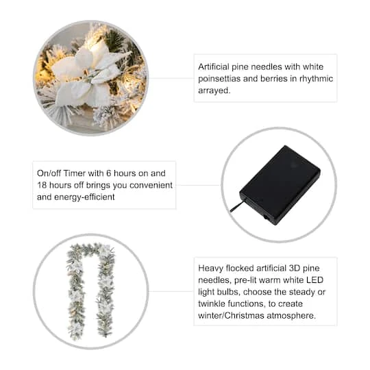 Glitzhome® 24" Pre-Lit Snow Flocked Greenery Pine Poinsettia Christmas Wreath & Matched 2 Pack 9ft. Garland Set 9 Glitzhome® 24" Pre-Lit Snow Flocked Greenery Pine Poinsettia Christmas Wreath & Matched 2 Pack 9ft. Garland Set - Image 9