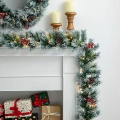 Glitzhome® 2 Pack 9ft. Pre-Lit Greenery Pinecones & Red Berries Christmas Garland -Northlight Sale Store D652259S 4