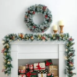 Glitzhome® 9ft. Pre-Lit Greenery Pinecones & Red Berries Christmas Garland -Northlight Sale Store D652260S 2