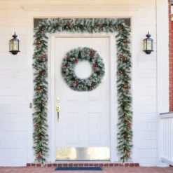 Glitzhome® 9ft. Pre-Lit Greenery Pinecones & Red Berries Christmas Garland -Northlight Sale Store D652260S 3