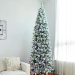 9ft. Pre-Lit Flocked Pine Pencil Artificial Christmas Tree, Multicolor LED Lights -Northlight Sale Store D652268S 3