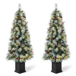 2 Pack 5ft. Pre-Lit Pine Artificial Christmas Porch Tree, Warm White LED Lights
