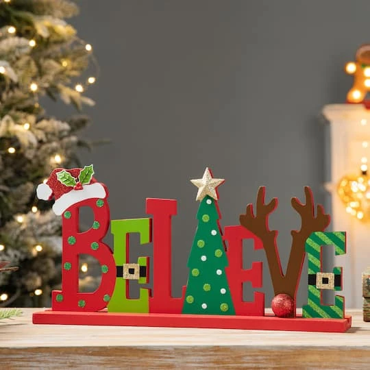 Glitzhome® 14'' BELIEVE Wooden Christmas Table Décor 3 Glitzhome® 14'' BELIEVE Wooden Christmas Table Décor - Image 3