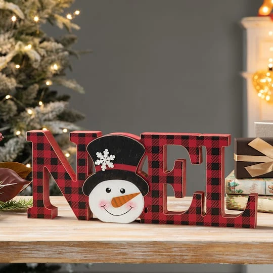 Glitzhome® 15'' NOEL Wooden Christmas Plaid Table Décor 1 Glitzhome® 15'' NOEL Wooden Christmas Plaid Table Décor