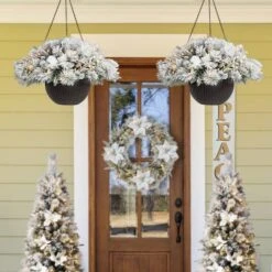 Glitzhome® 24'' Pre-Lit Snow Flocked Christmas Artificial Pine Poinsettia Hanging Baskets, 2ct. -Northlight Sale Store D652356S 2