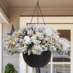 Glitzhome® 24'' Pre-Lit Snow Flocked Christmas Artificial Pine Poinsettia Hanging Baskets, 2ct. -Northlight Sale Store D652356S 4