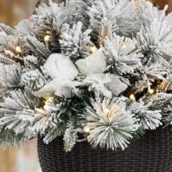 Glitzhome® 24'' Pre-Lit Snow Flocked Christmas Artificial Pine Poinsettia Hanging Baskets, 2ct. -Northlight Sale Store D652356S 6