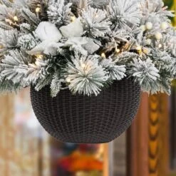 Glitzhome® 24'' Pre-Lit Snow Flocked Christmas Artificial Pine Poinsettia Hanging Baskets, 2ct. -Northlight Sale Store D652356S 7