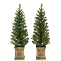 2 Pack 3.5ft. Pre-Lit Battery Operated Artificial Christmas Tree In Box Planter, Warm White LED Lights