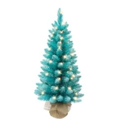 3ft. Pre-Lit Fashion Teal Artificial Christmas Tree In Burlap Base, Clear Lights