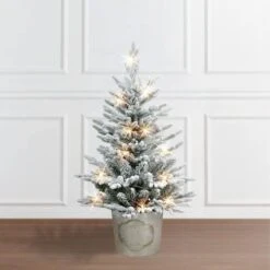 3ft. Pre-Lit Potted Flocked Artificial Christmas Tree, White LED Lights -Northlight Sale Store D659723S 3