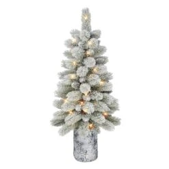 3.5ft. Pre-Lit Potted Flocked Pine Artificial Christmas Tree, White LED Lights
