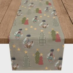 72" Gray Tree & Globe Pattern Cotton Twill Runner
