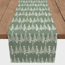 90'' Sage Christmas Tree Pattern Cotton Twill Runner