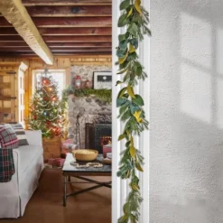 9" Christmas Magnolia Mix Pine Garland With Fabric Bow, Warm White LED Lights -Northlight Sale Store D675899S 2