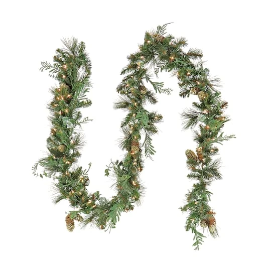 First Traditions™ Collection 9ft. Pre-Lit Artificial North Conway Garland With Glittery Cones & Eucalyptus, 100 Warm White LED Lights 1 First Traditions™ Collection 9ft. Pre-Lit Artificial North Conway Garland With Glittery Cones & Eucalyptus, 100 Warm White LED Lights