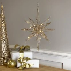 Northlight 12'' Warm White LED Lighted B/O Gold Glittered Geometric Star Christmas Decoration -Northlight Sale Store D676325S 12