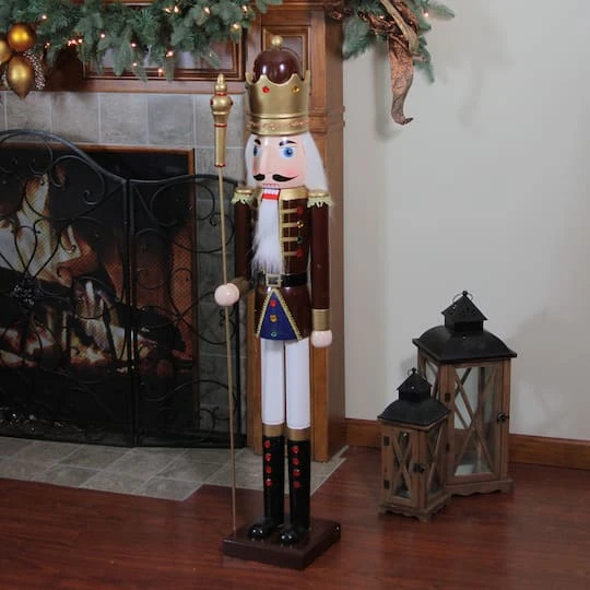 Northlight 48'' Brown And White Wooden Christmas Nutcracker King With Scepter Decoration 5 Northlight 48'' Brown And White Wooden Christmas Nutcracker King With Scepter Decoration - Image 5