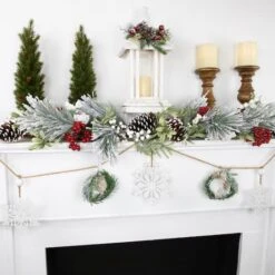 Northlight 4.75ft. Snowflake & Frosted Pine With Wooden Beads Christmas Garland -Northlight Sale Store D676709S 12