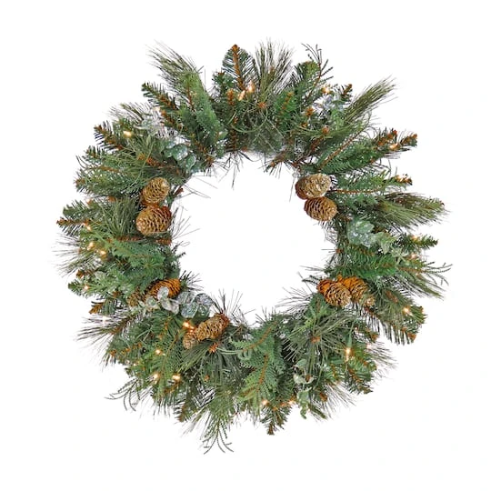 First Traditions™ 24'' Pre-Lit Artificial North Conway Wreath With Glittery Cones And Eucalyptus 2 First Traditions™ 24'' Pre-Lit Artificial North Conway Wreath With Glittery Cones And Eucalyptus - Image 2