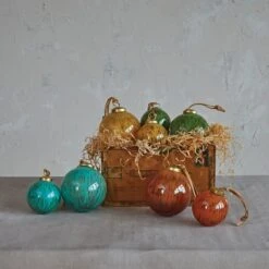 Hello Honey® 4" Green Hand-Marbled Glass Ball Ornament With Leather Hanger -Northlight Sale Store D758845S 2