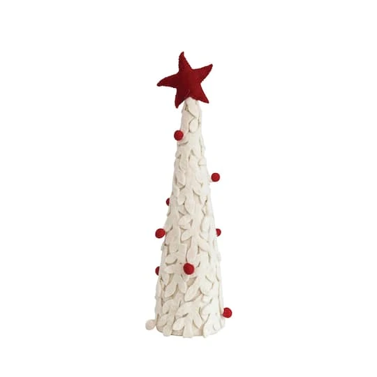 Hello Honey® 16" Red & Cream Handmade Wool Felt Applique Tree With Star & Pom Poms 2 Hello Honey® 16" Red & Cream Handmade Wool Felt Applique Tree With Star & Pom Poms - Image 2