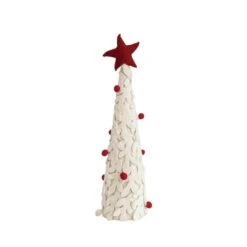 Hello Honey® 16" Red & Cream Handmade Wool Felt Applique Tree With Star & Pom Poms
